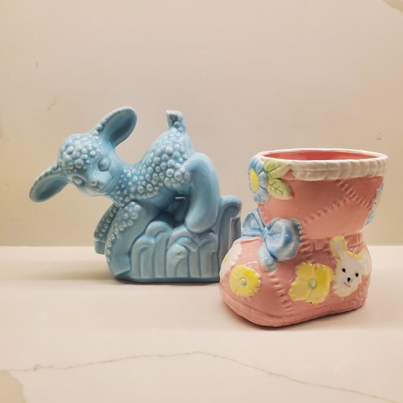 VINTAGE Baby Room Succulent Planters Decor Pastel Colours Sheep Bunny Bow Floral - Picture 2 of 5